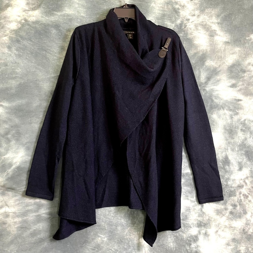Tahari Womens Asymmetric Drape Cardigan Navy Strap‎ Buckle Sz Large Merino Wool